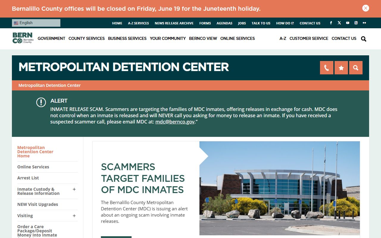 Bernalillo County arrest records and court charges Metropolitan Detention Center home page