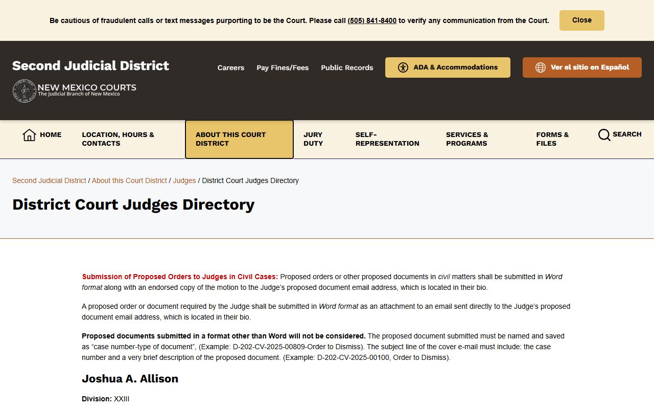 Bernalillo County court dockets District Court judges directory