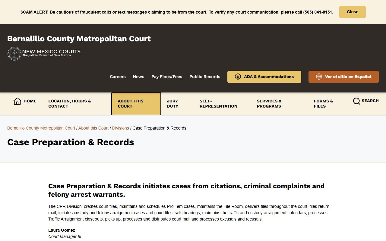 Bernalillo County court dockets Metro Court Case Preparation and Records