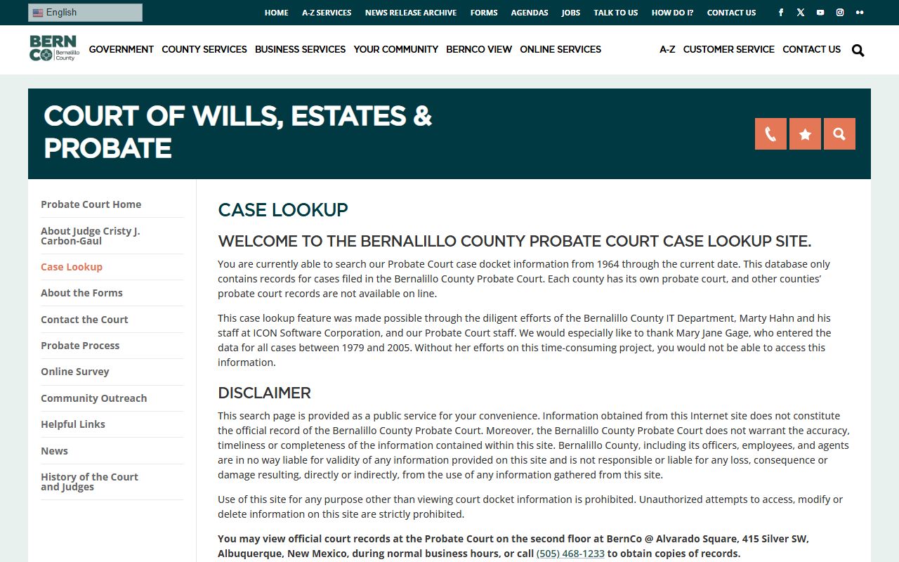 Bernalillo County court dockets Probate Court case lookup