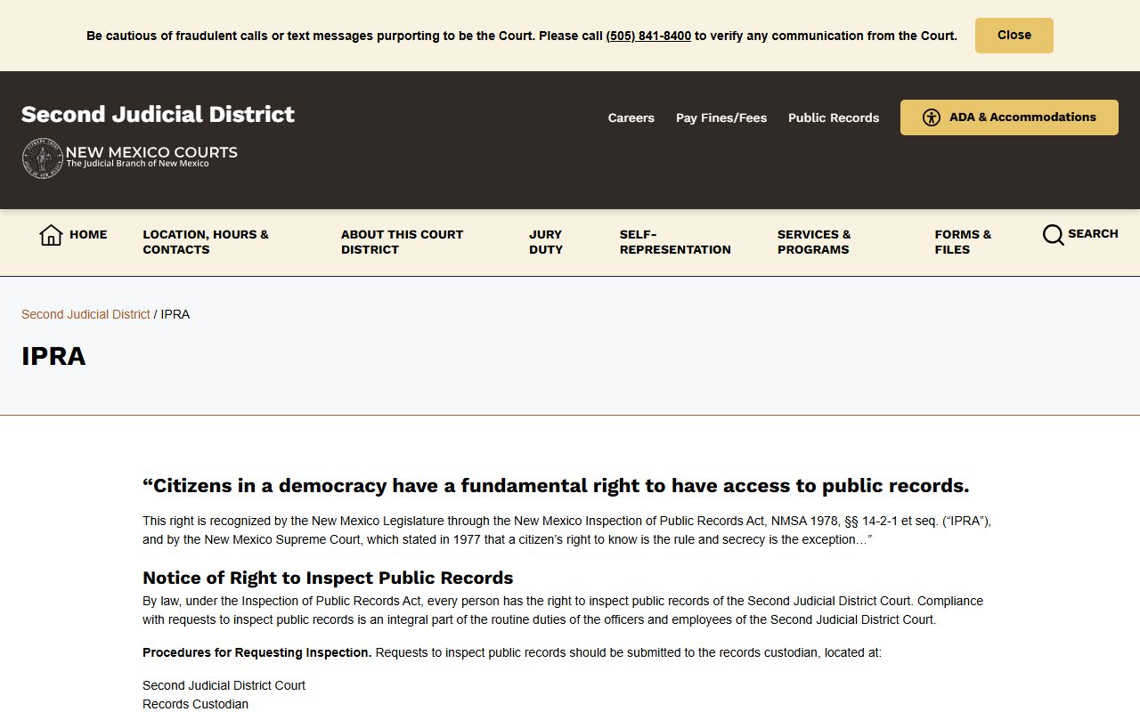 Bernalillo County court records Second Judicial District IPRA request page