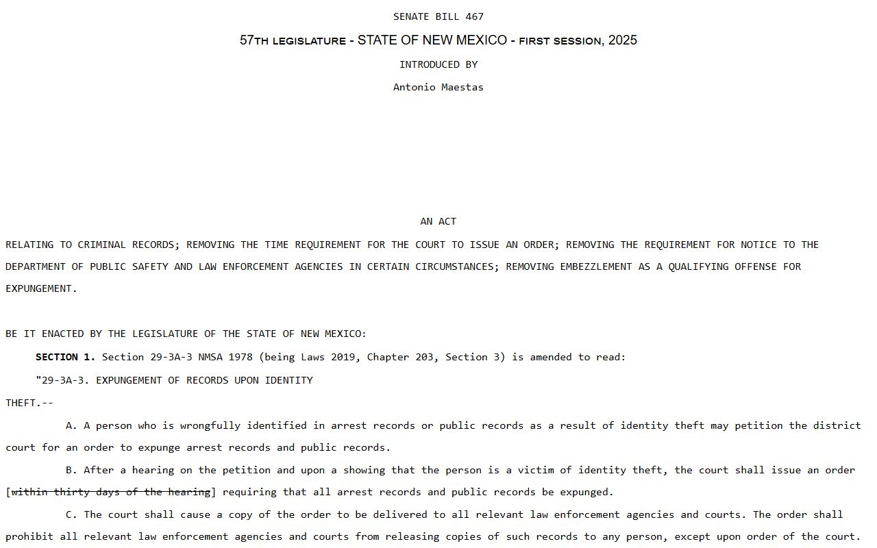 Bernalillo County criminal court records Criminal Record Expungement Act text