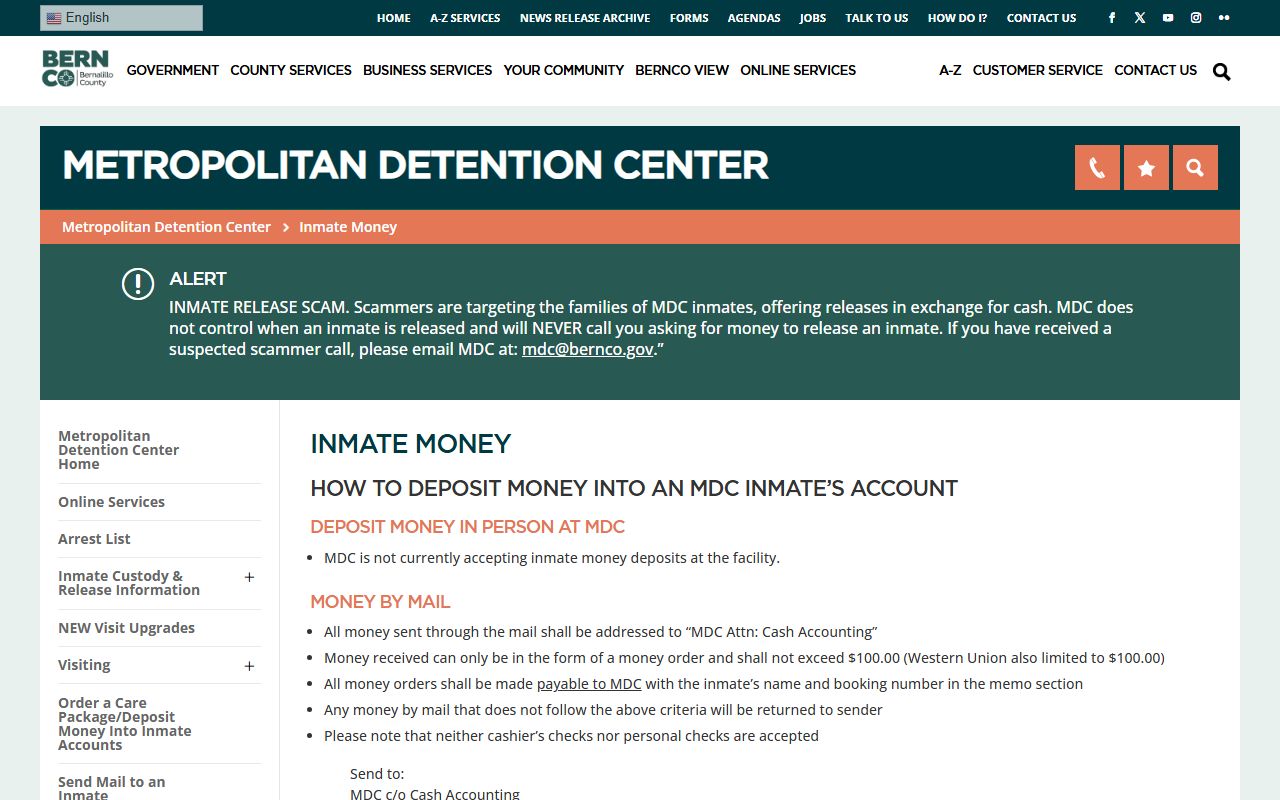 Bernalillo County inmate records MDC inmate money page
