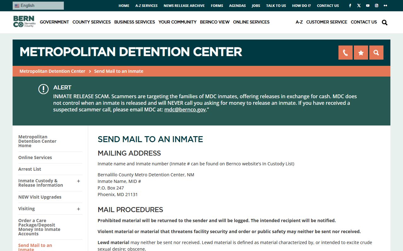 Bernalillo County inmate records MDC inmate mail instructions page