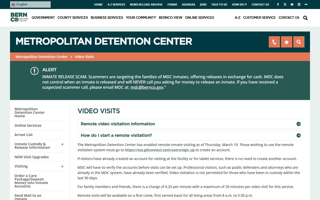 Bernalillo County inmate records MDC video visits page