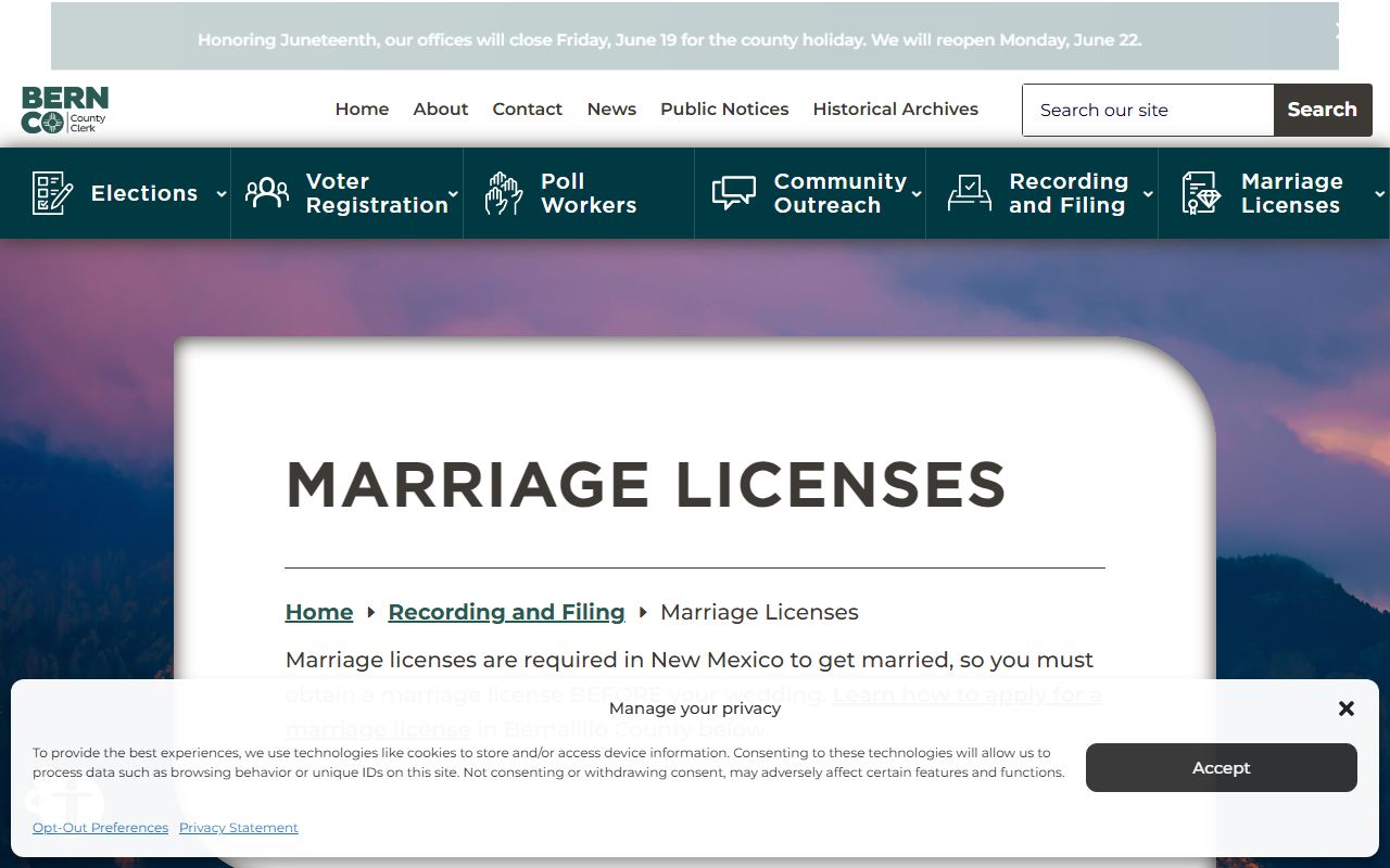 Bernalillo County marriage license records page