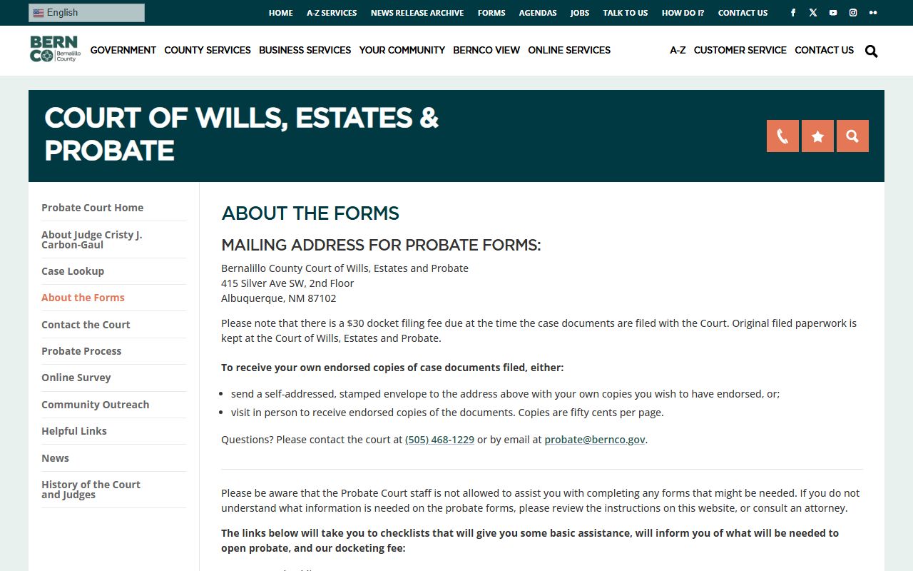 Bernalillo County probate records forms page
