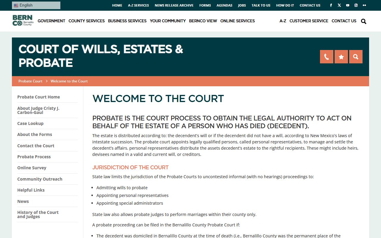 Bernalillo County Probate Court records welcome and fees