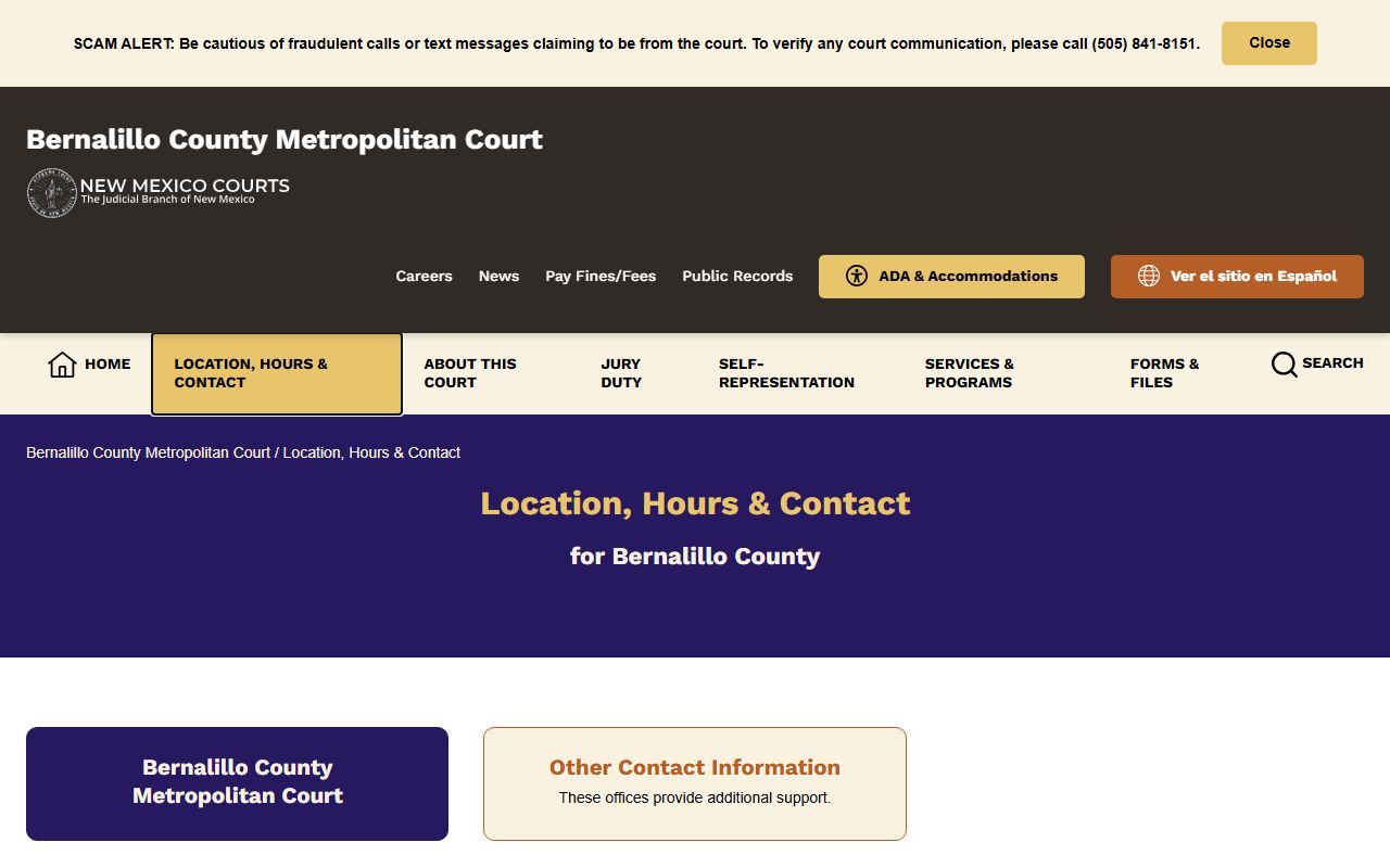 Bernalillo County traffic court records Metro Court contact page