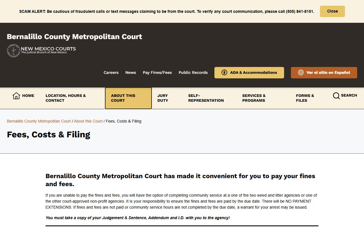 Bernalillo County traffic court records Metro Court fees page