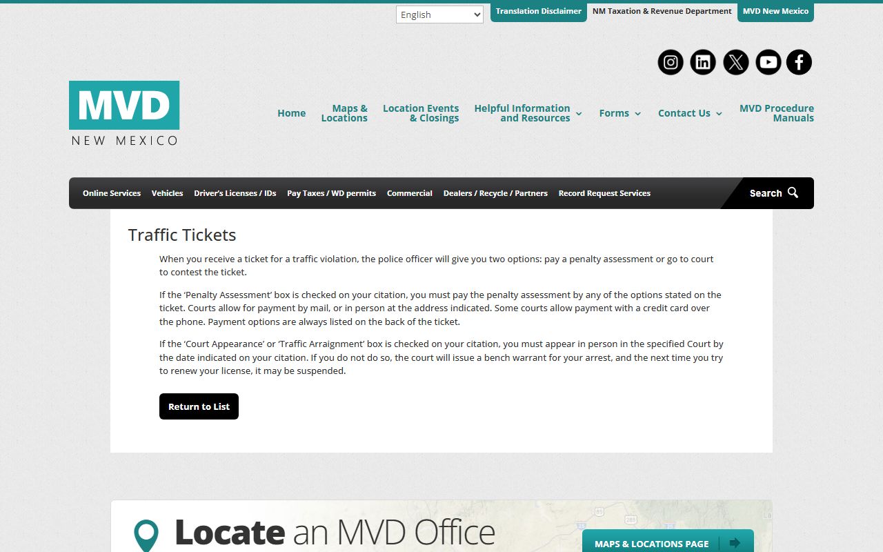 Bernalillo County traffic court records MVD driver record page