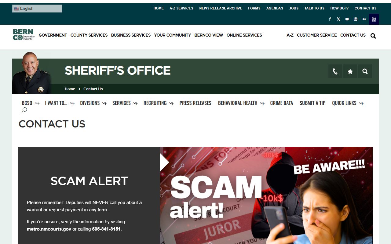 Bernalillo County warrant records Sheriff's Office contact page
