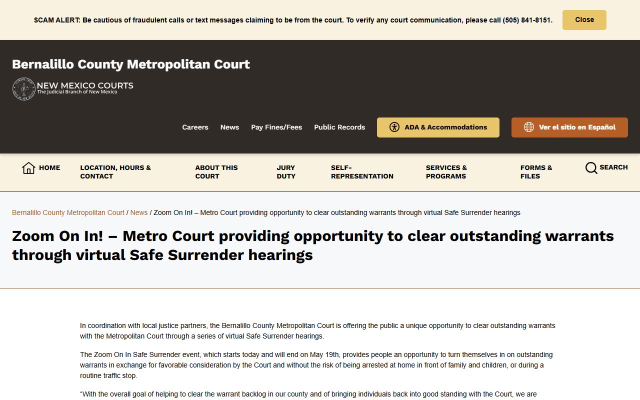Bernalillo County warrant records Metropolitan Court safe surrender hearing